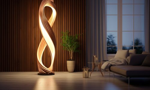 an attractive floor lamp with twilight glows at night in front of a spartan, in the style of wavy lines and organic shapes, vray, spiral group, contemporary diy, luminous sfumato, wood --ar 13:9 --v 5.2 Job ID: e2e98206-82b0-4de8-95b9-7a217b182e99