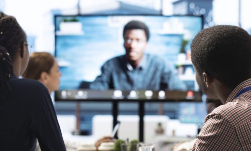 Business colleagues attend an online videocall meeting with a shareholder, presenting the infographics report in order to increase funding. Staff working on global expansion plans.