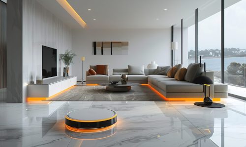 orange color. Clean imagen. A realistic, advertising photograph set in a sophisticated, elegant, and clean modern living room, predominantly white, where an autonomous, circular, flat, and very modern vacuum cleaner is in operation. The vacuum cleaner features neon accents. The room is immaculate. A technologically advanced vacuum --ar 3:2 --style raw --stylize 500 --v 6 Job ID: af7a5126-deb4-4cc0-8693-cbd2919edf00